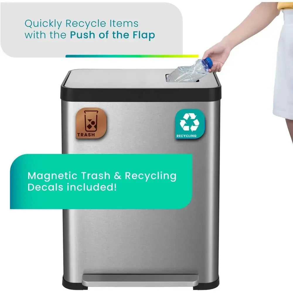 PopularDual Compartment Stainless Steel Kitchen Trash Can with Odor Control, 70 Liters, Silver