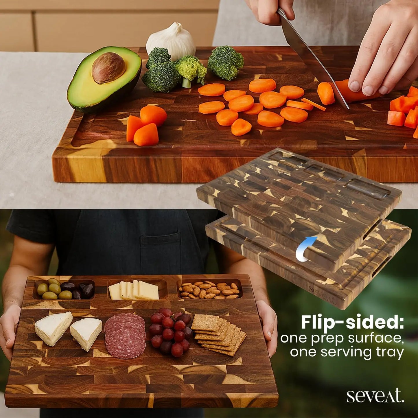 End Grain Cutting Board - Acacia Wood Double-Sided Butcher Block for Kitchen with Juice Groove & 3 Pockets, Durable Wood