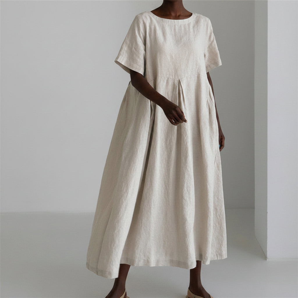 Loose Cotton And Linen Pullover Round Neck Dress