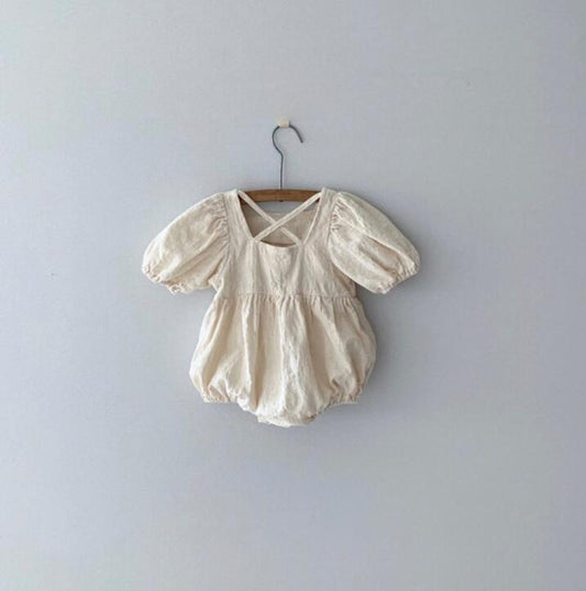 Cotton Linen Short-Sleeved Back Cross Romper