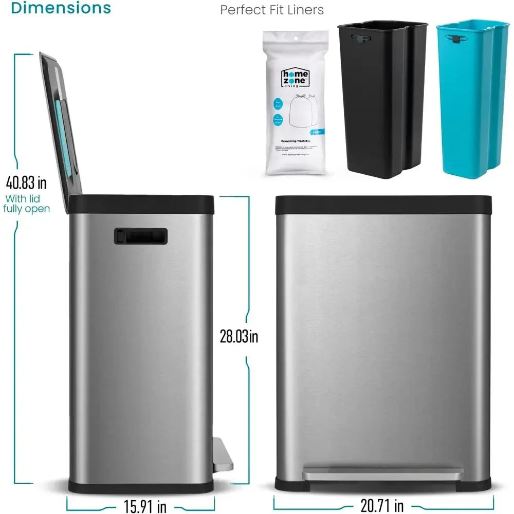 PopularDual Compartment Stainless Steel Kitchen Trash Can with Odor Control, 70 Liters, Silver