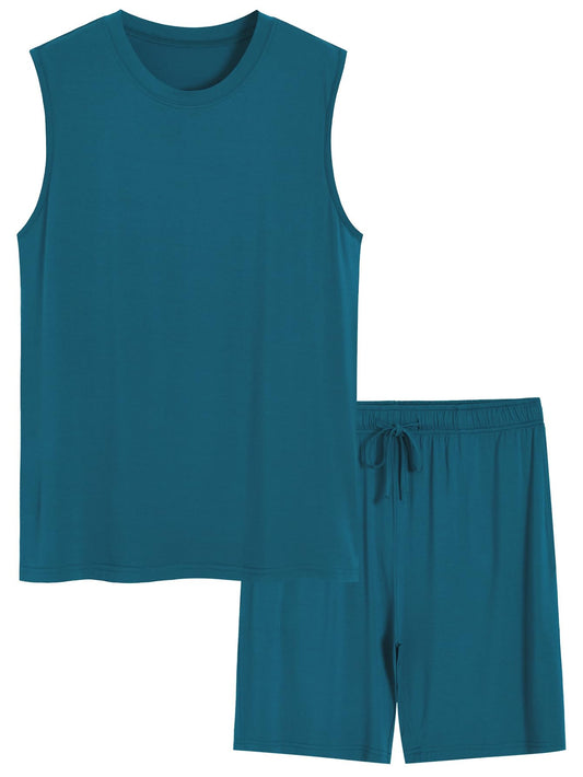 Mens Bamboo Viscose Tank Top and Shorts Pajamas Set XXL Teal