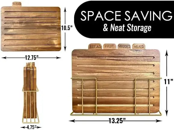 Acacia Cutting Boards for Kitchen with Holder 13" x 11" x 2.5" | Labeled Wood Cutting Board Sets | Large Wooden Cutting