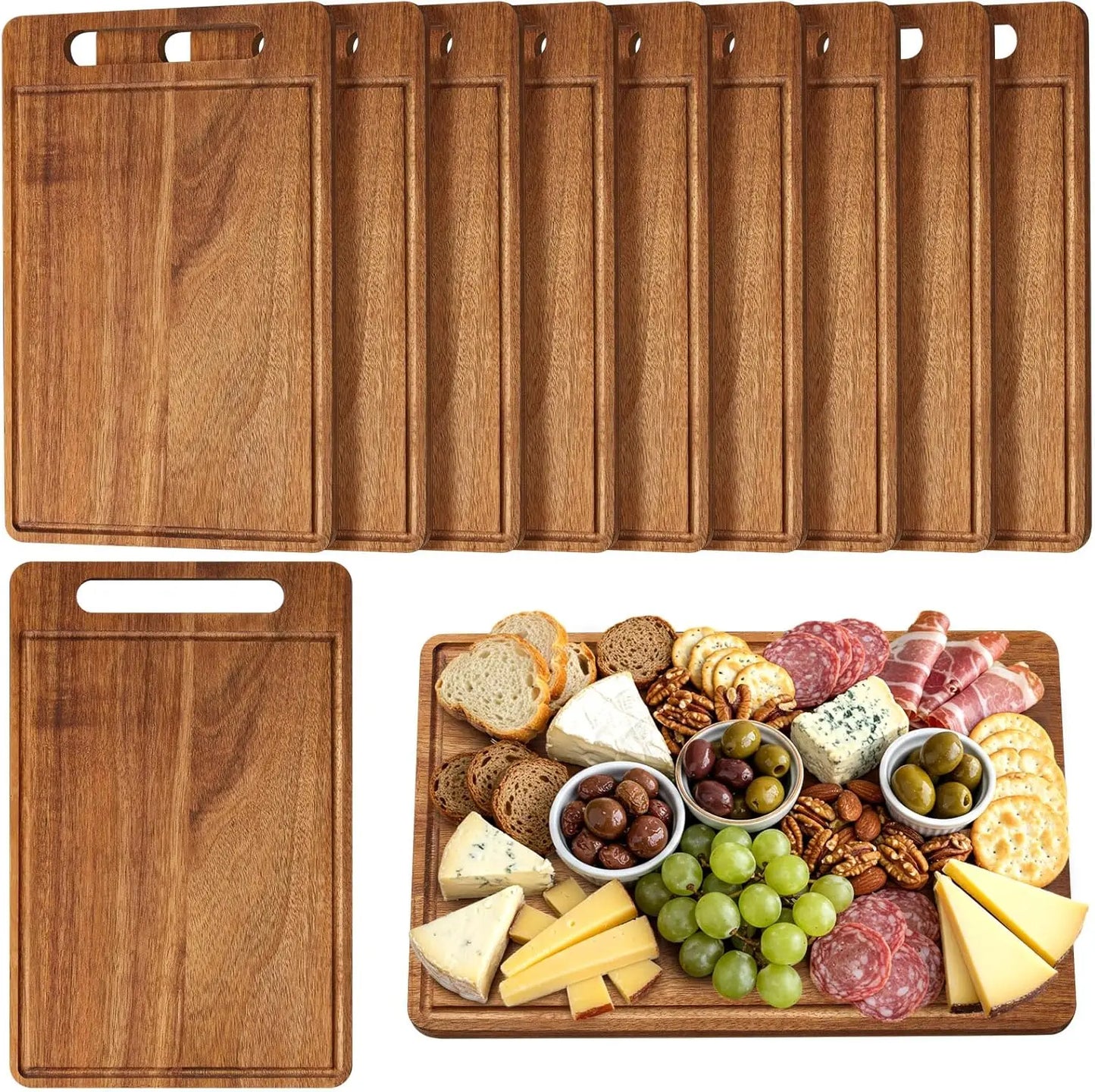 10 Pcs Bulk Wood Cutting Board with Handle 12 x 7.8 Inch Acacia Wooden Kitchen Serving Chopping Boards for Pizza, Bread,