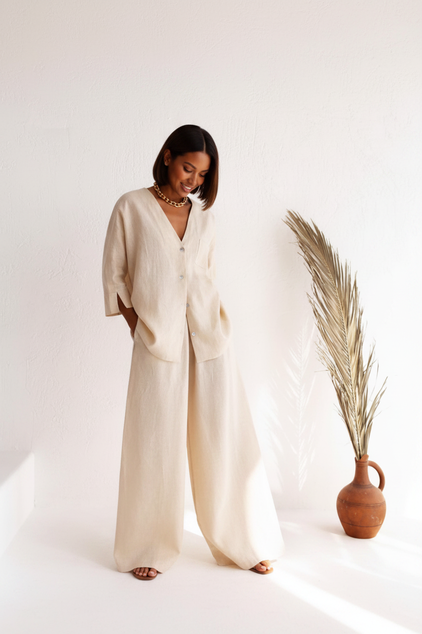 Woman wearing a beige outfit standing next to a vase with dried plants on a white background