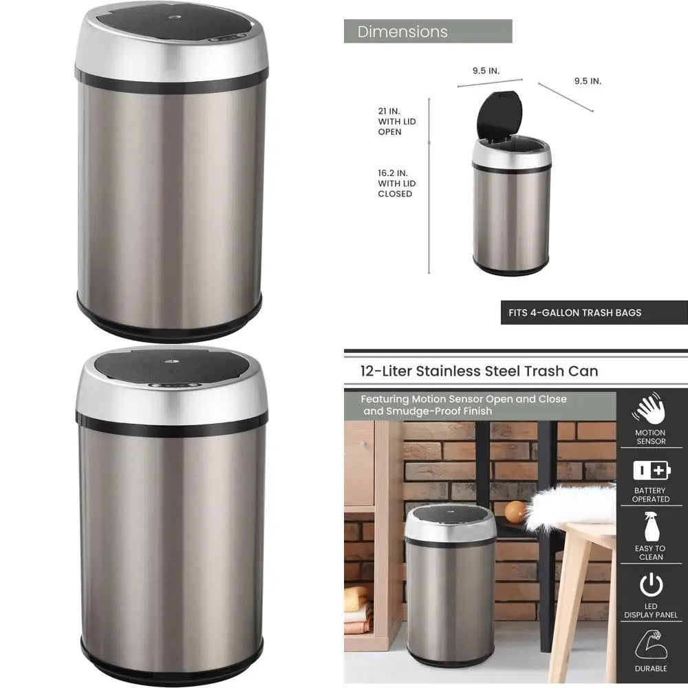 Touchless Trash Can with Motion Sensor, 3.2 Gallon Stainless Steel Bin for Home Use