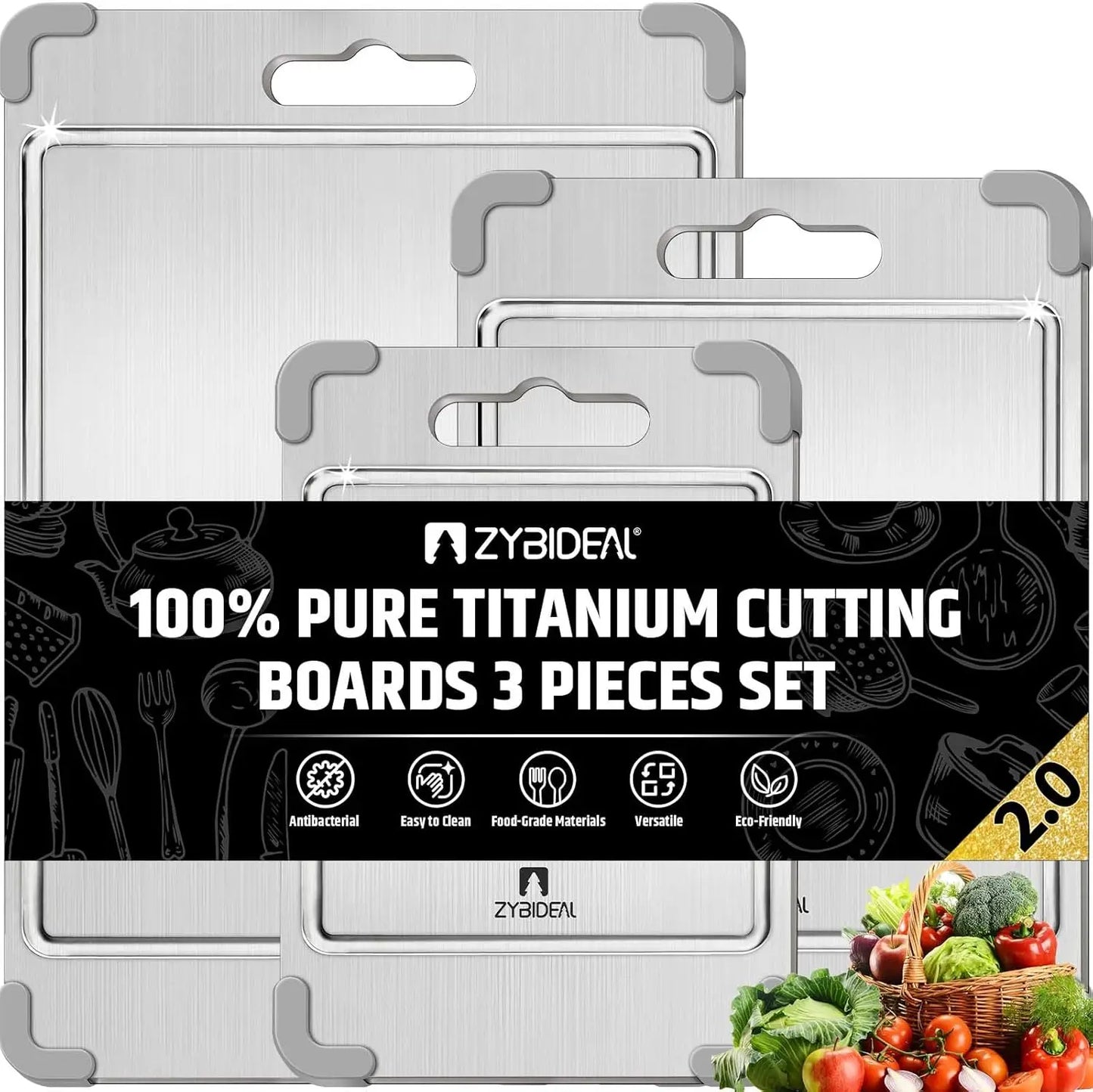 3Pcs 100% Pure Titanium Cutting Board with Grooves, Update Double Side Titanium Chopping Board, Silicone Anti-slip Stain