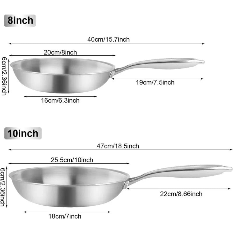 Tri-Ply Stainless Steel Frying Pan Set Nonstick Oven Dishwasher Safe Cookware
