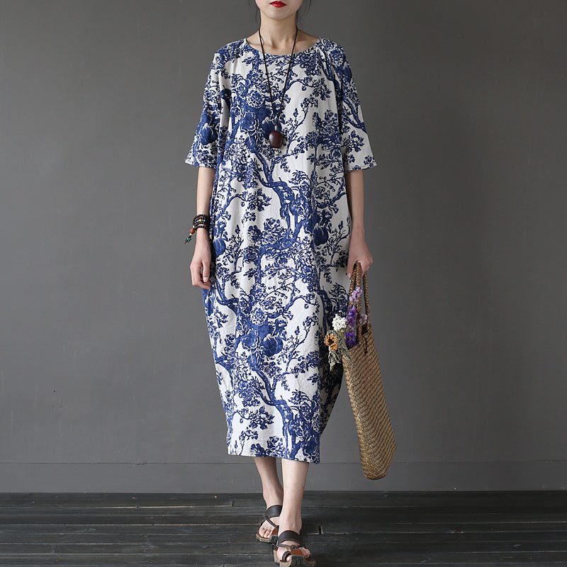 Johnature 2024 Summer Cotton Linen Vintage Flower Dress
