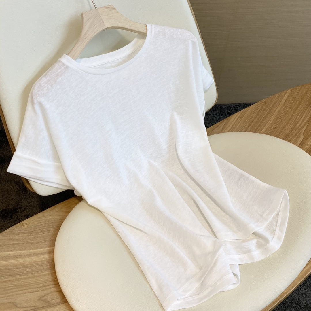 Minimalist Crew Neck Cotton Linen Tee for Women