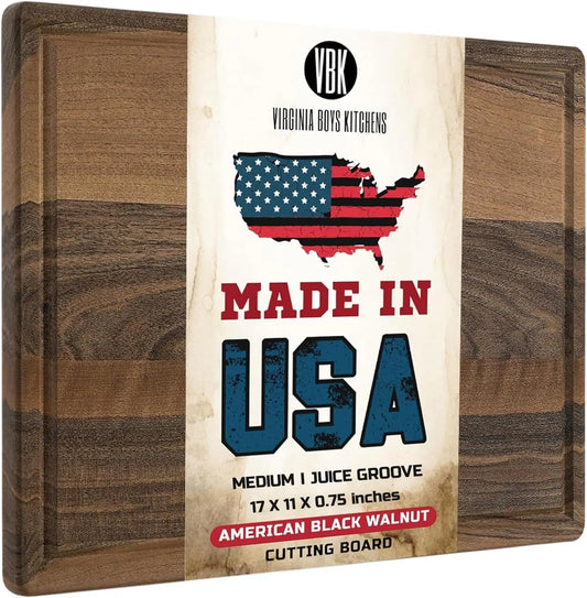 USA Black Walnut Wood Cutting Board by    - Butcher Block Wooden Carving Board with Juice Well made from S  ainable Hard