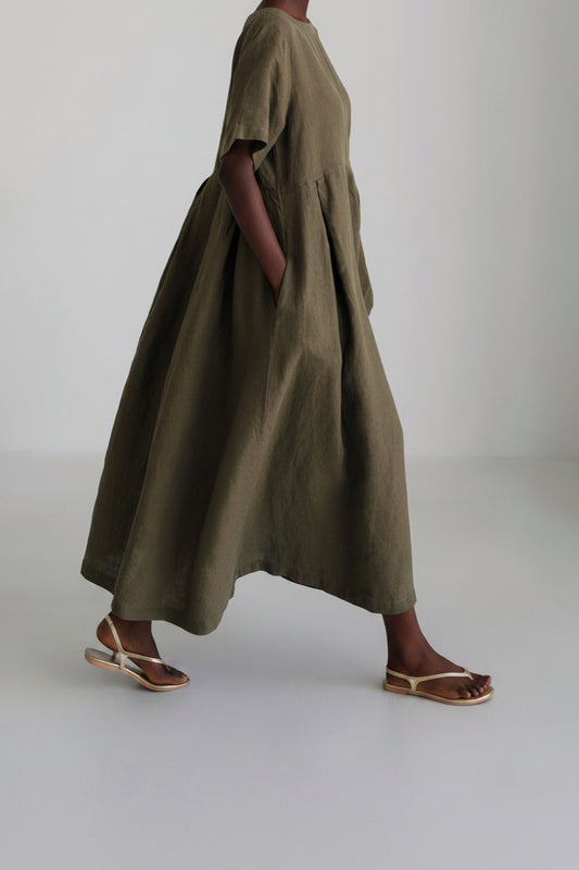 Loose Cotton And Linen Pullover Round Neck Dress