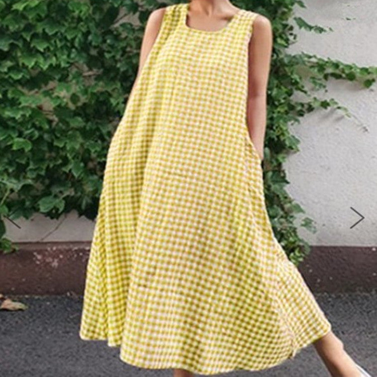 Women's Casual Sleeveless Plaid Cotton-Linen Swing Skirt