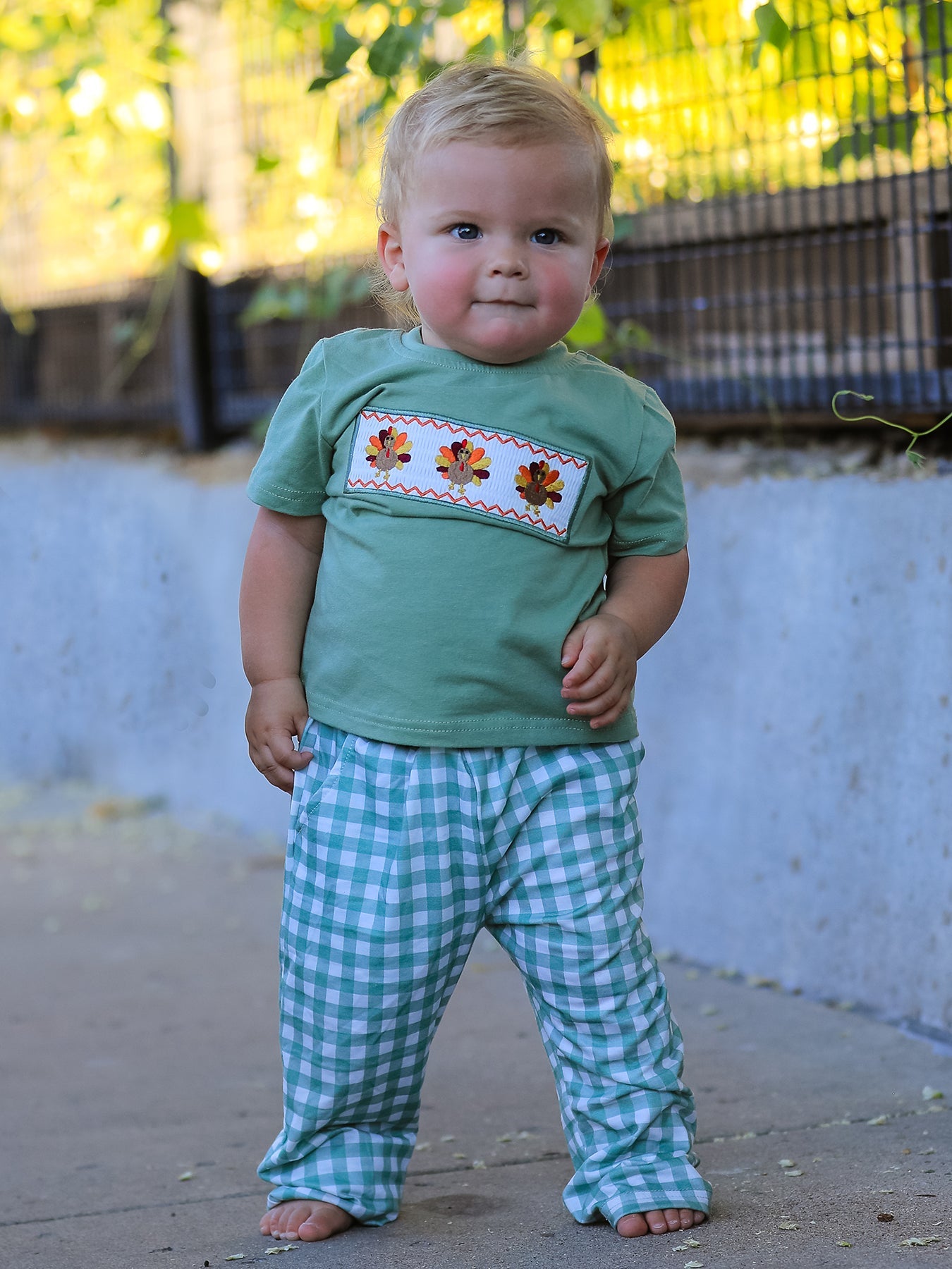 Fall Thanksgiving Chicken Smock Embroidered Green Plaid Boys 'Set