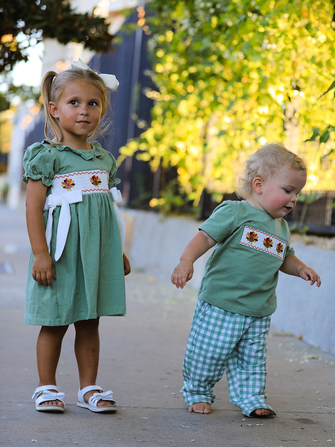 Fall Thanksgiving Chicken Smock Embroidered Green Plaid Boys 'Set