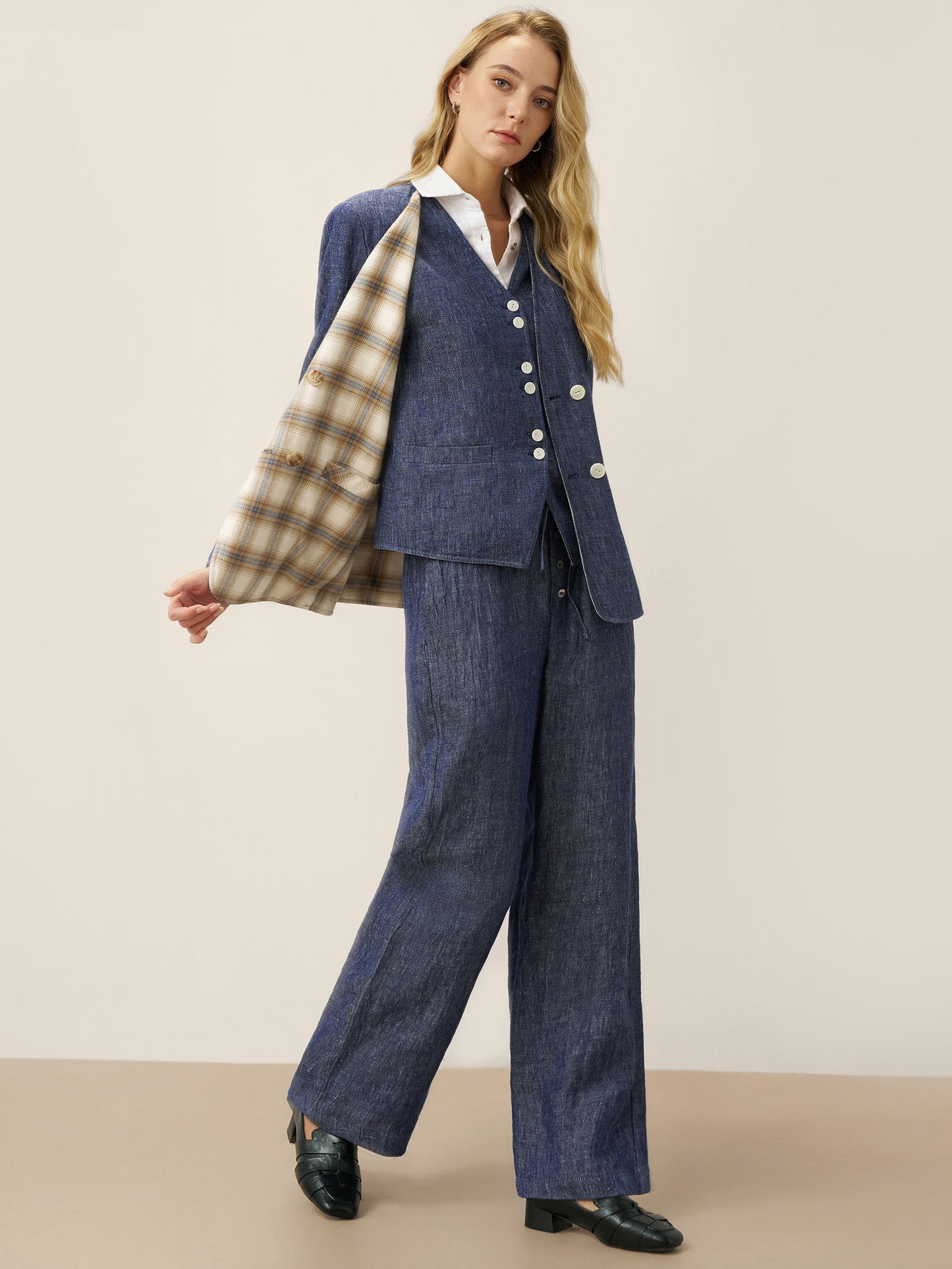 Linen Reversible Denim Texture V Neck Jacket ELLIE