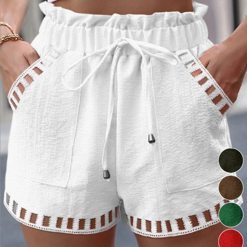 Women's Cotton Linen Hollow Out Design Shorts (White)