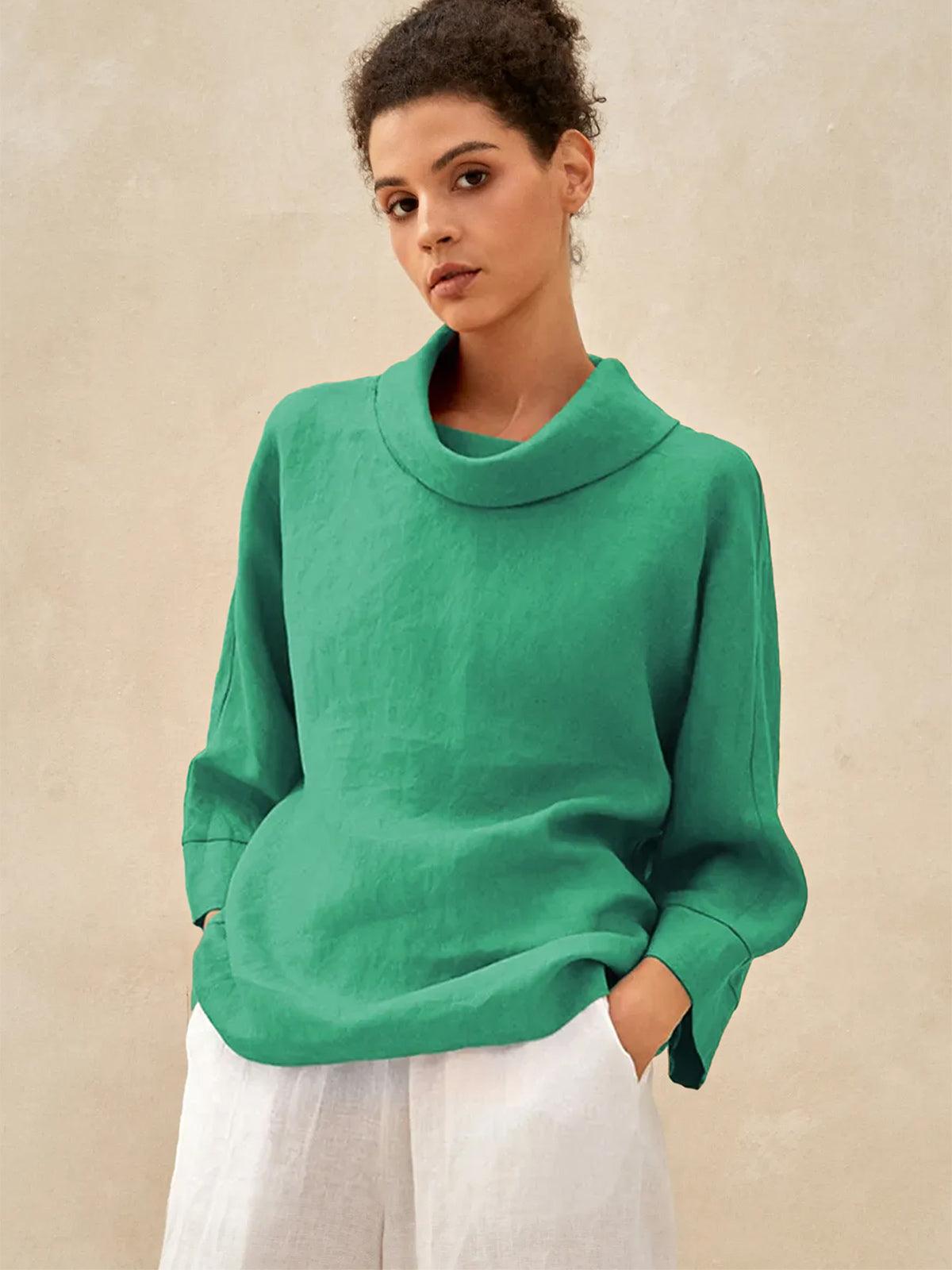 Linen-Cotton Dropped Collar Long-Sleeve Top TRISTAN
