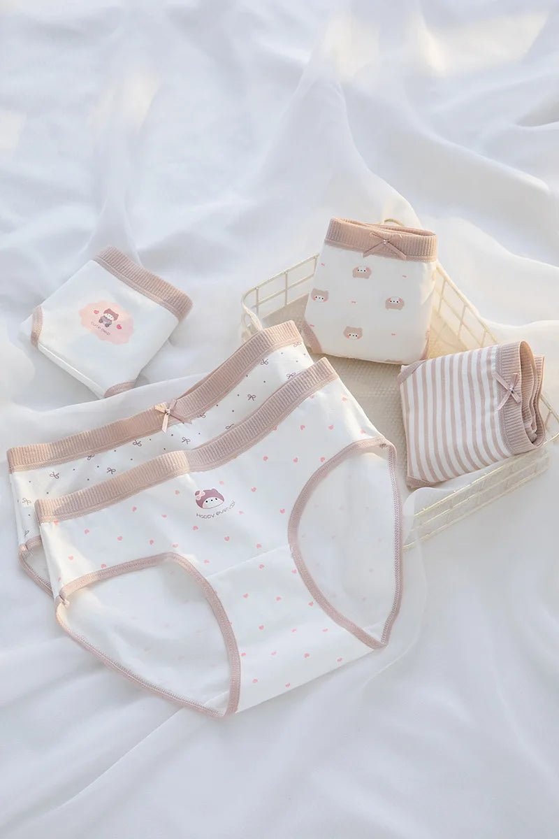 5Pcs/Set Cotton Underwear for Women Lovely Girl Bow Underpants Print Panties Breathable Briefs Girls Shorts Sexy Lingerie