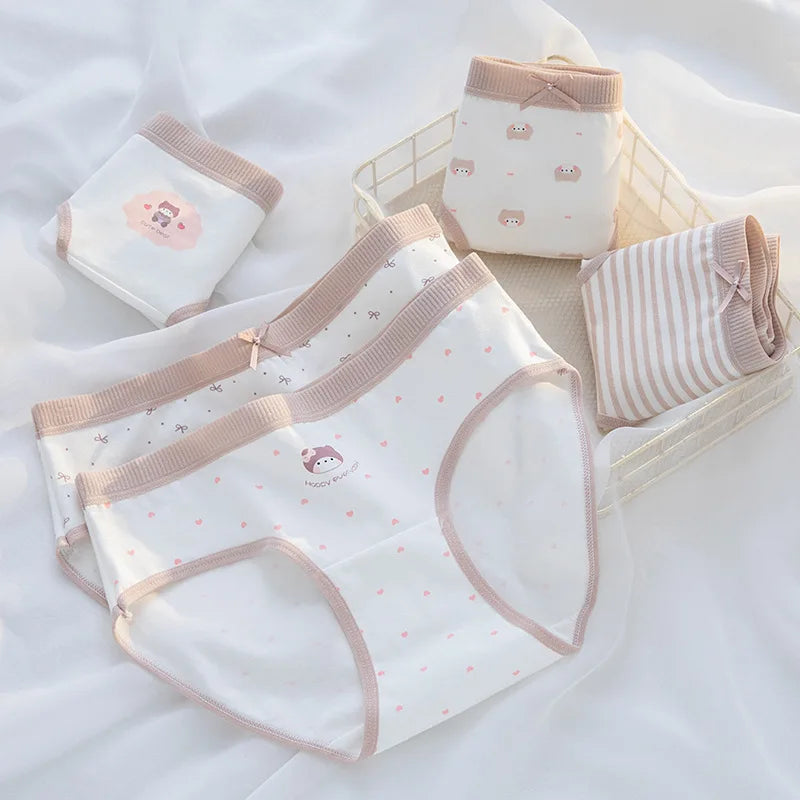 5Pcs/Set Cotton Underwear for Women Lovely Girl Bow Underpants Print Panties Breathable Briefs Girls Shorts Sexy Lingerie