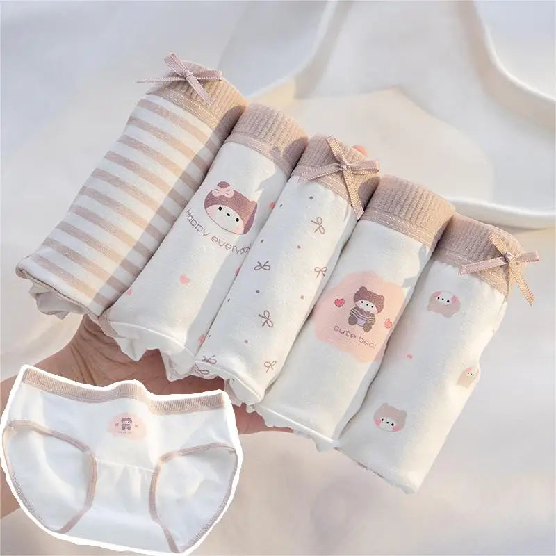 5Pcs/Set Cotton Underwear for Women Lovely Girl Bow Underpants Print Panties Breathable Briefs Girls Shorts Sexy Lingerie