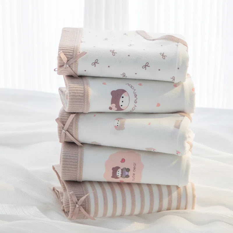 5Pcs/Set Cotton Underwear for Women Lovely Girl Bow Underpants Print Panties Breathable Briefs Girls Shorts Sexy Lingerie