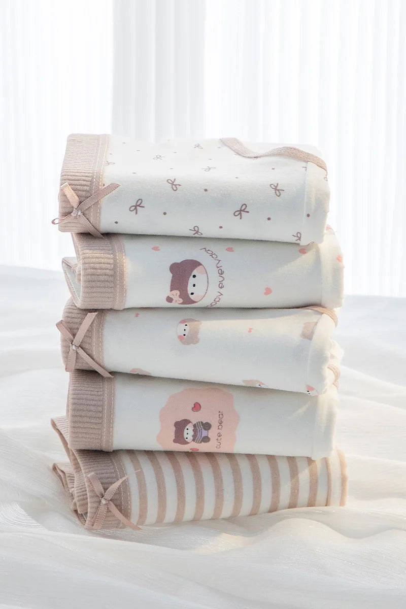 5Pcs/Set Cotton Underwear for Women Lovely Girl Bow Underpants Print Panties Breathable Briefs Girls Shorts Sexy Lingerie