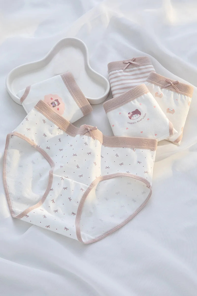 5Pcs/Set Cotton Underwear for Women Lovely Girl Bow Underpants Print Panties Breathable Briefs Girls Shorts Sexy Lingerie
