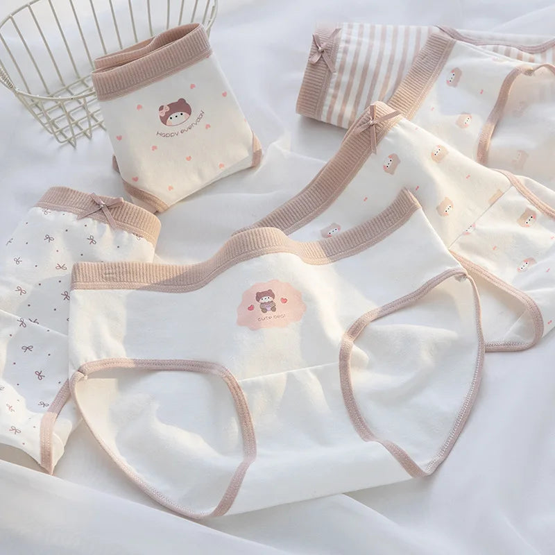 5Pcs/Set Cotton Underwear for Women Lovely Girl Bow Underpants Print Panties Breathable Briefs Girls Shorts Sexy Lingerie