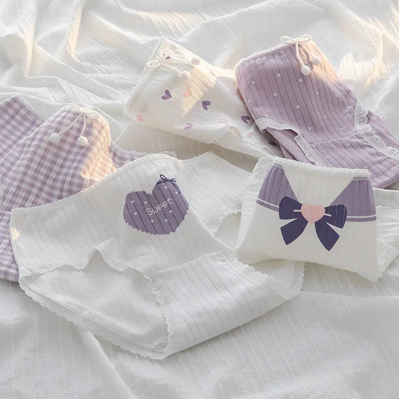 5Pcs/Set Cotton Underwear for Women Lovely Girl Bow Underpants Print Panties Breathable Briefs Girls Shorts Sexy Lingerie