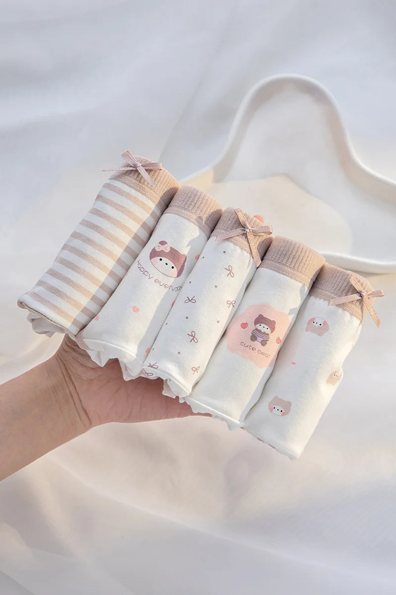 5Pcs/Set Cotton Underwear for Women Lovely Girl Bow Underpants Print Panties Breathable Briefs Girls Shorts Sexy Lingerie