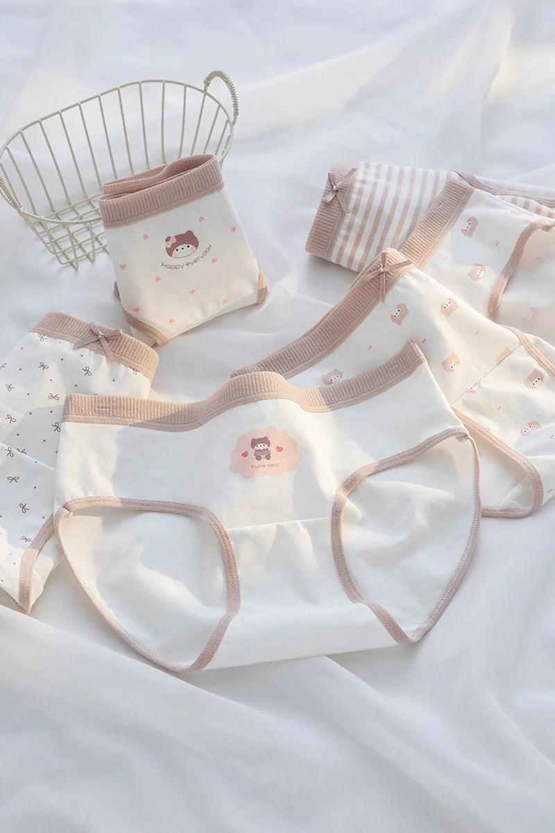 5Pcs/Set Cotton Underwear for Women Lovely Girl Bow Underpants Print Panties Breathable Briefs Girls Shorts Sexy Lingerie
