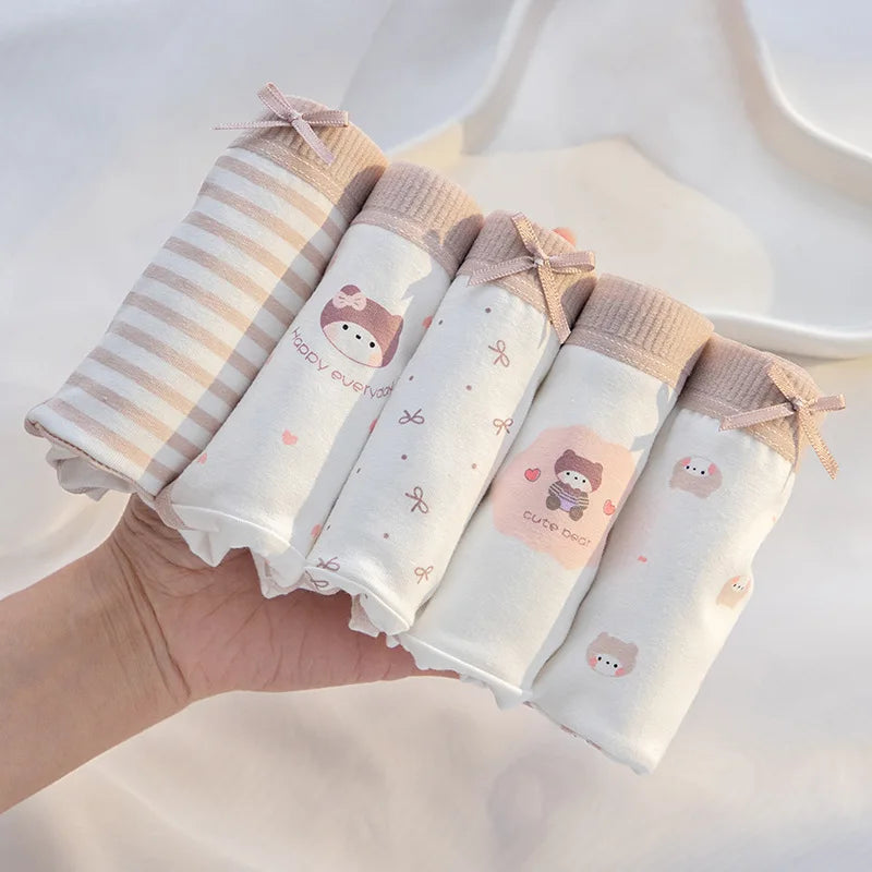 5Pcs/Set Cotton Underwear for Women Lovely Girl Bow Underpants Print Panties Breathable Briefs Girls Shorts Sexy Lingerie