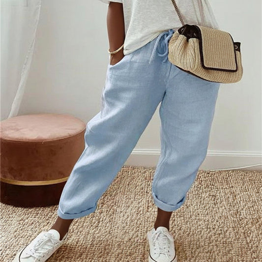 Women's Fashion Cotton Linen Solid Color Casual Pants