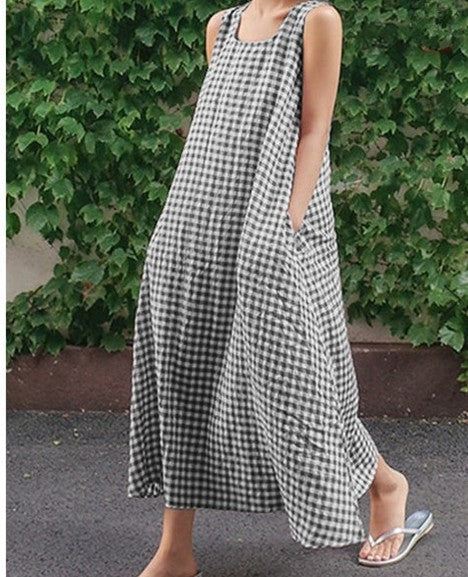 Women's Casual Sleeveless Plaid Cotton-Linen Swing Skirt