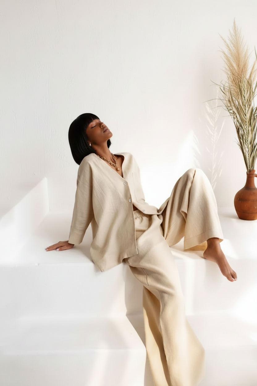 Person wearing a beige suit sitting on a white surface with a minimal background