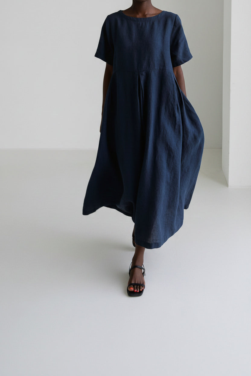 Loose Cotton And Linen Pullover Round Neck Dress