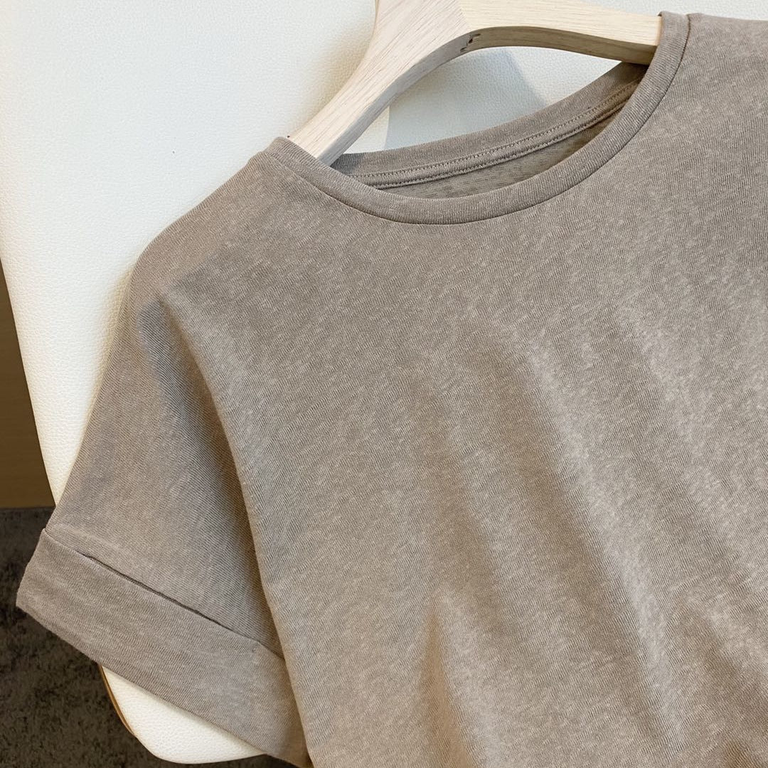 Minimalist Crew Neck Cotton Linen Tee for Women