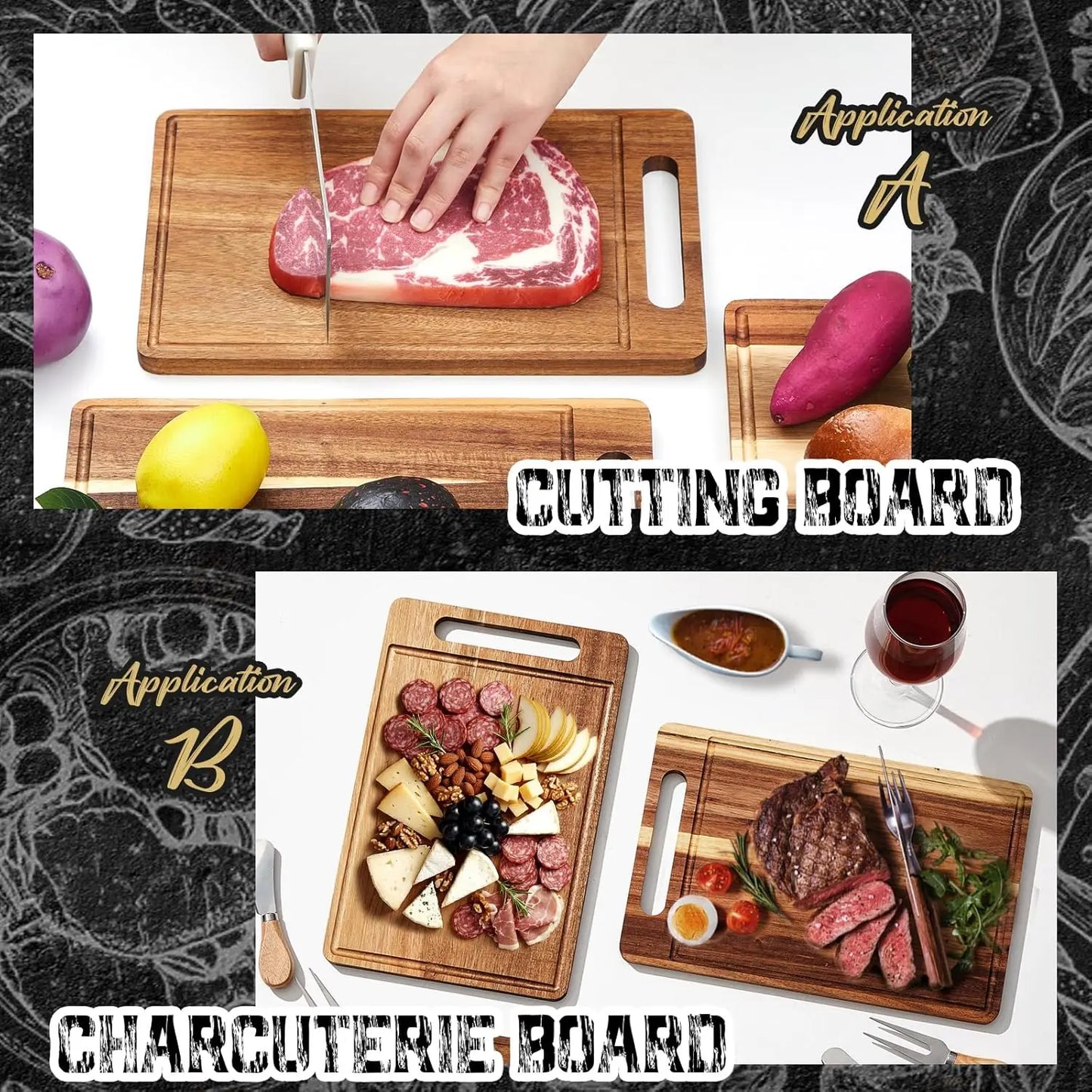 10 Pcs Bulk Wood Cutting Board with Handle 12 x 7.8 Inch Acacia Wooden Kitchen Serving Chopping Boards for Pizza, Bread,