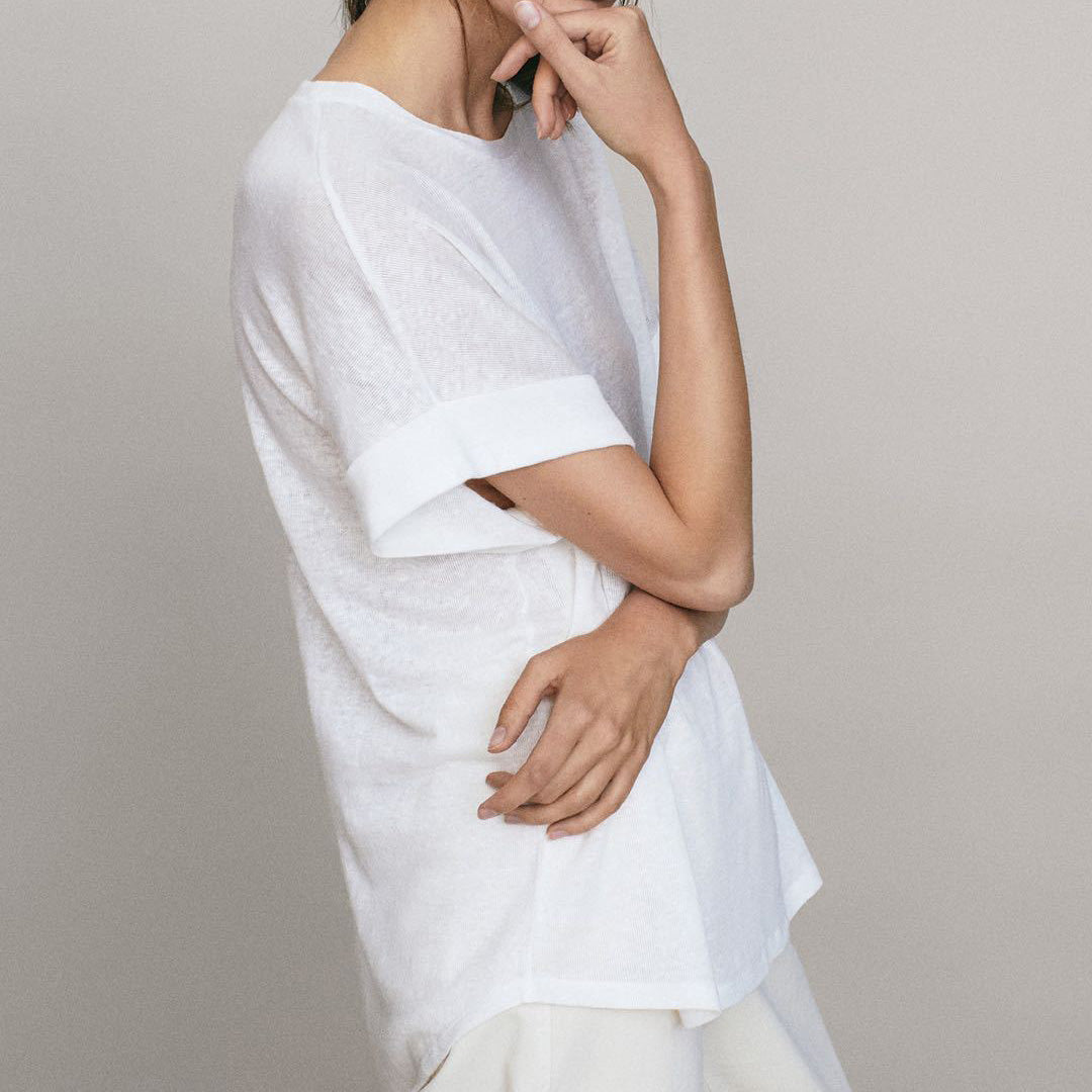 Minimalist Crew Neck Cotton Linen Tee for Women
