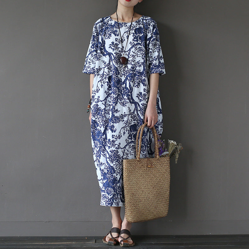 Johnature 2024 Summer Cotton Linen Vintage Flower Dress