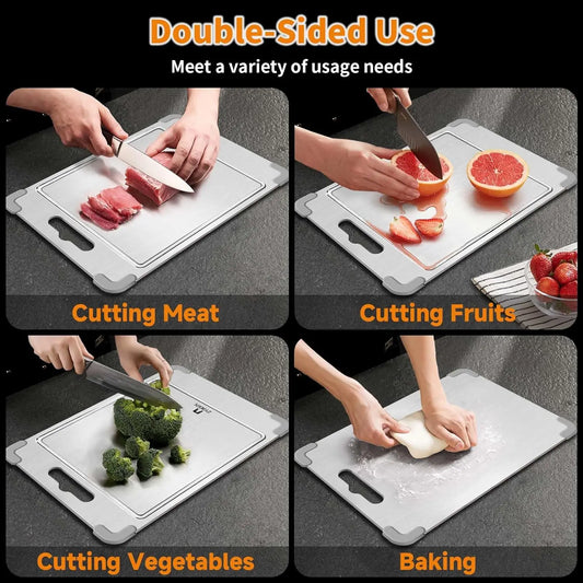 3Pcs 100% Pure Titanium Cutting Board with Grooves, Update Double Side Titanium Chopping Board, Silicone Anti-slip Stain