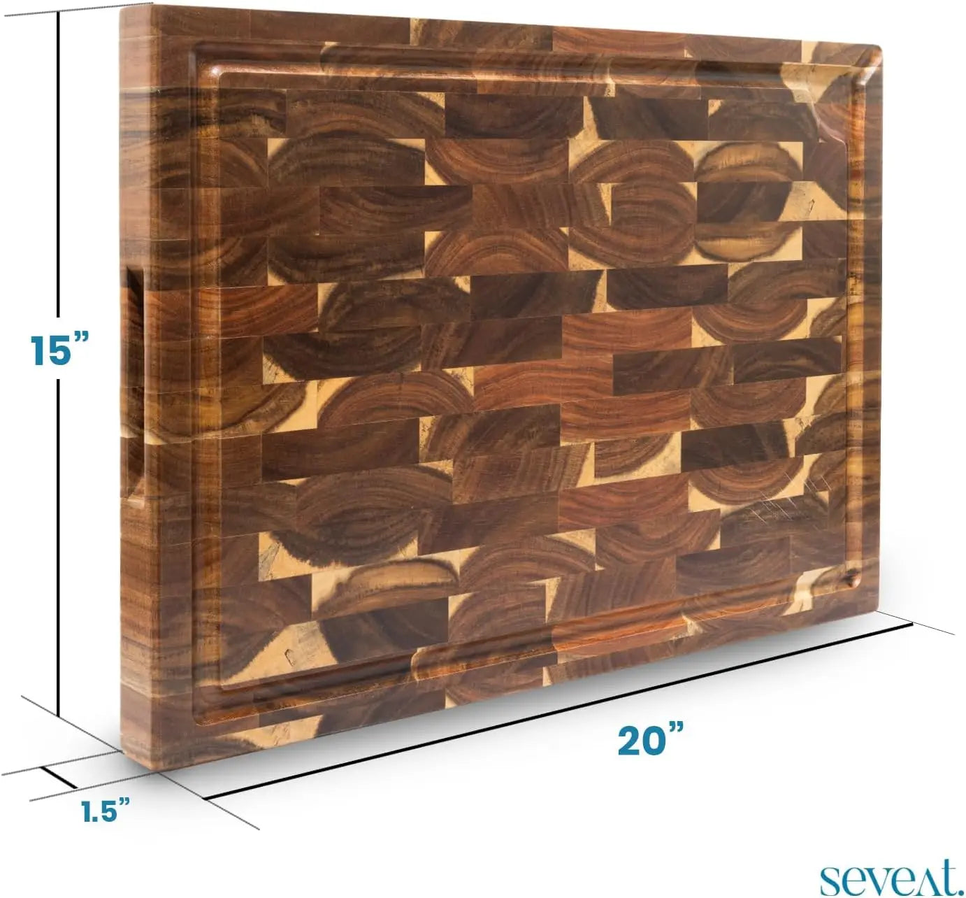 End Grain Cutting Board - Acacia Wood Double-Sided Butcher Block for Kitchen with Juice Groove & 3 Pockets, Durable Wood