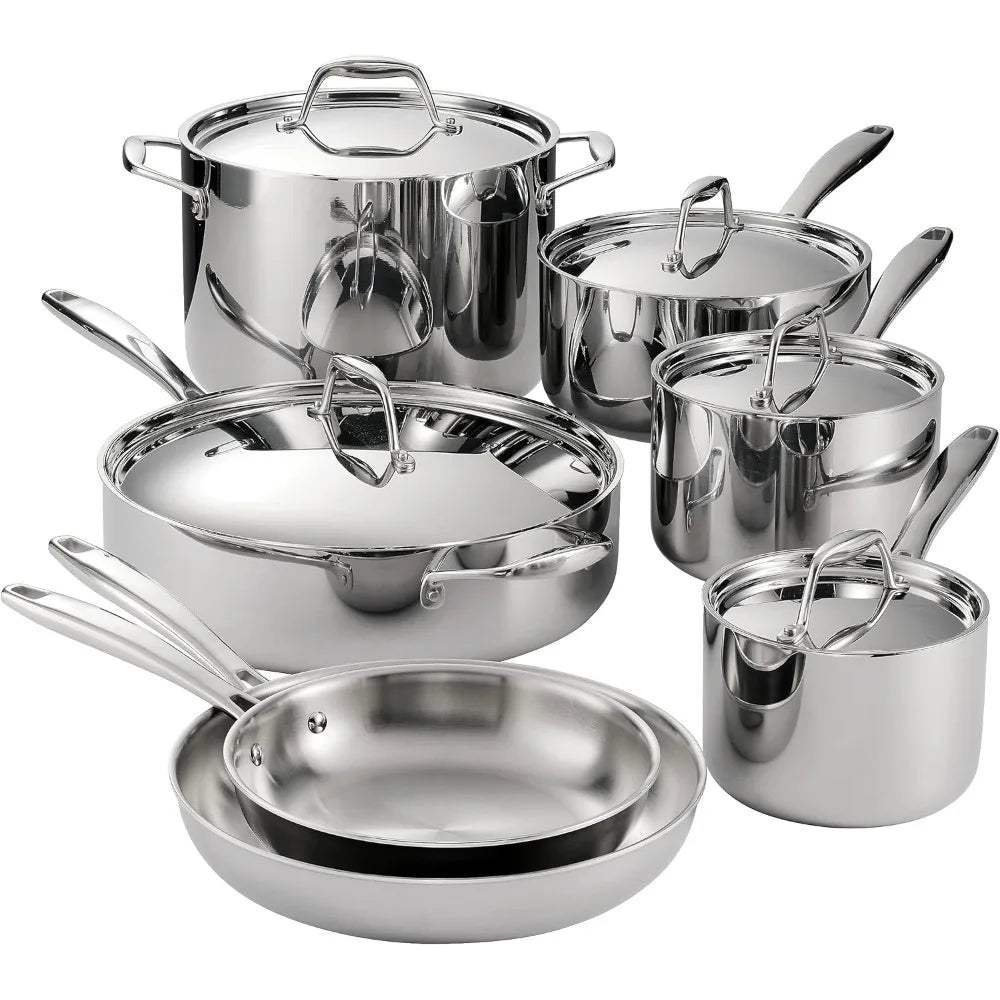 US Shipping Tri-Ply Clad Stainless Steel 12-Piece Cookware Set Induction Ready Pots Pans with Lids Dishwasher Safe NSF
