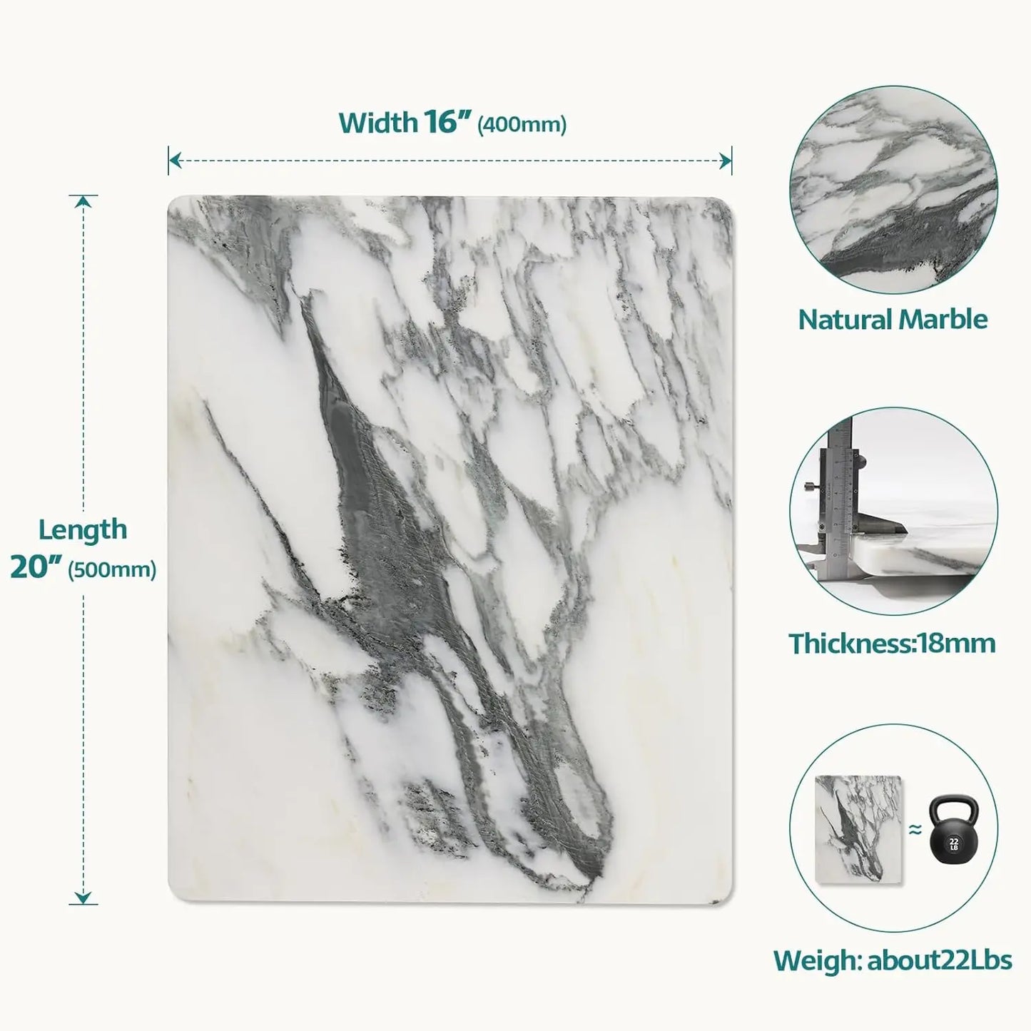 Marble Stone Cutting Board For Kitchen, 20x16 Inch White Lnk Large Marble Pastry Board With Non-Slip Feet For Baking, Ch
