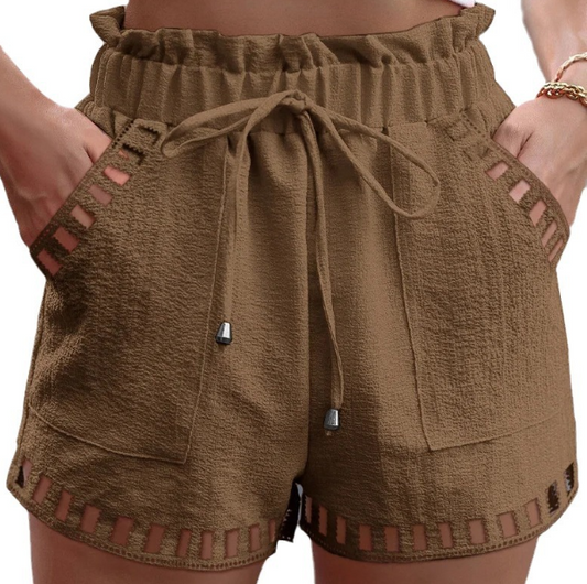 Women's Cotton Linen Hollow Out Design Shorts (White)