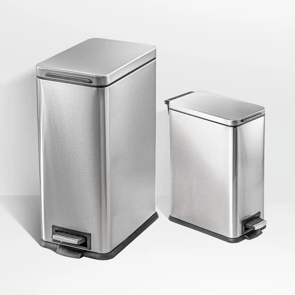 Dual Stainless Steel Trash Cans with Soft-Close Lids and Bag Tuck, 8 and 3 Gallons, Silver