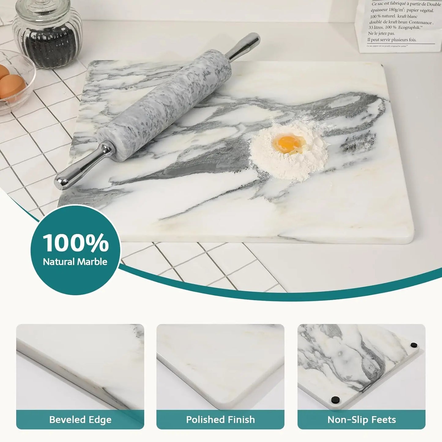 Marble Stone Cutting Board For Kitchen, 20x16 Inch White Lnk Large Marble Pastry Board With Non-Slip Feet For Baking, Ch
