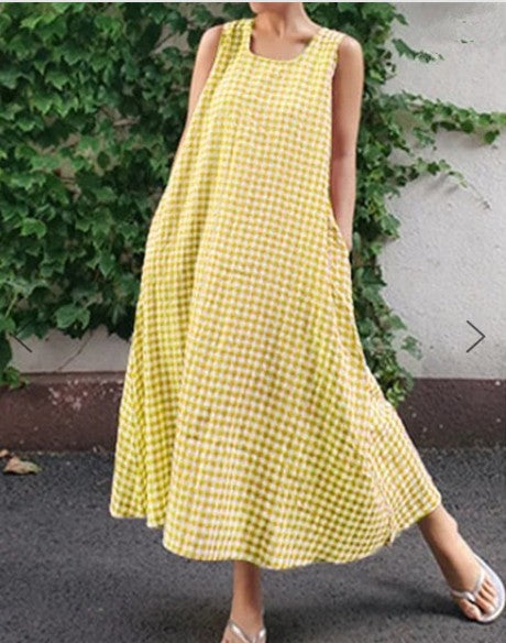Women's Casual Sleeveless Plaid Cotton-Linen Swing Skirt