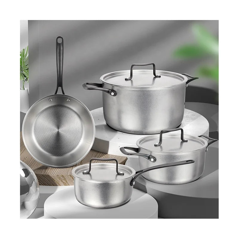 New Design Silver Surface Cooking Pots and Pans Tri-ply Stainless Steel Cookware Set for Home Kitchen
